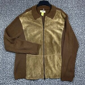 Cubavera Sweater Men Large‎ Brown Ribbed Full Zip Pig Suede Front Panel L